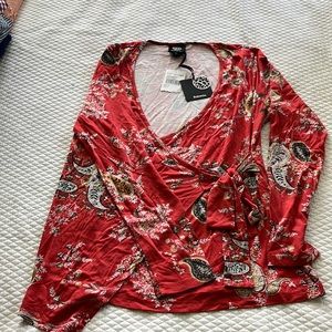 Orange floral print, boho style, wrap shirt